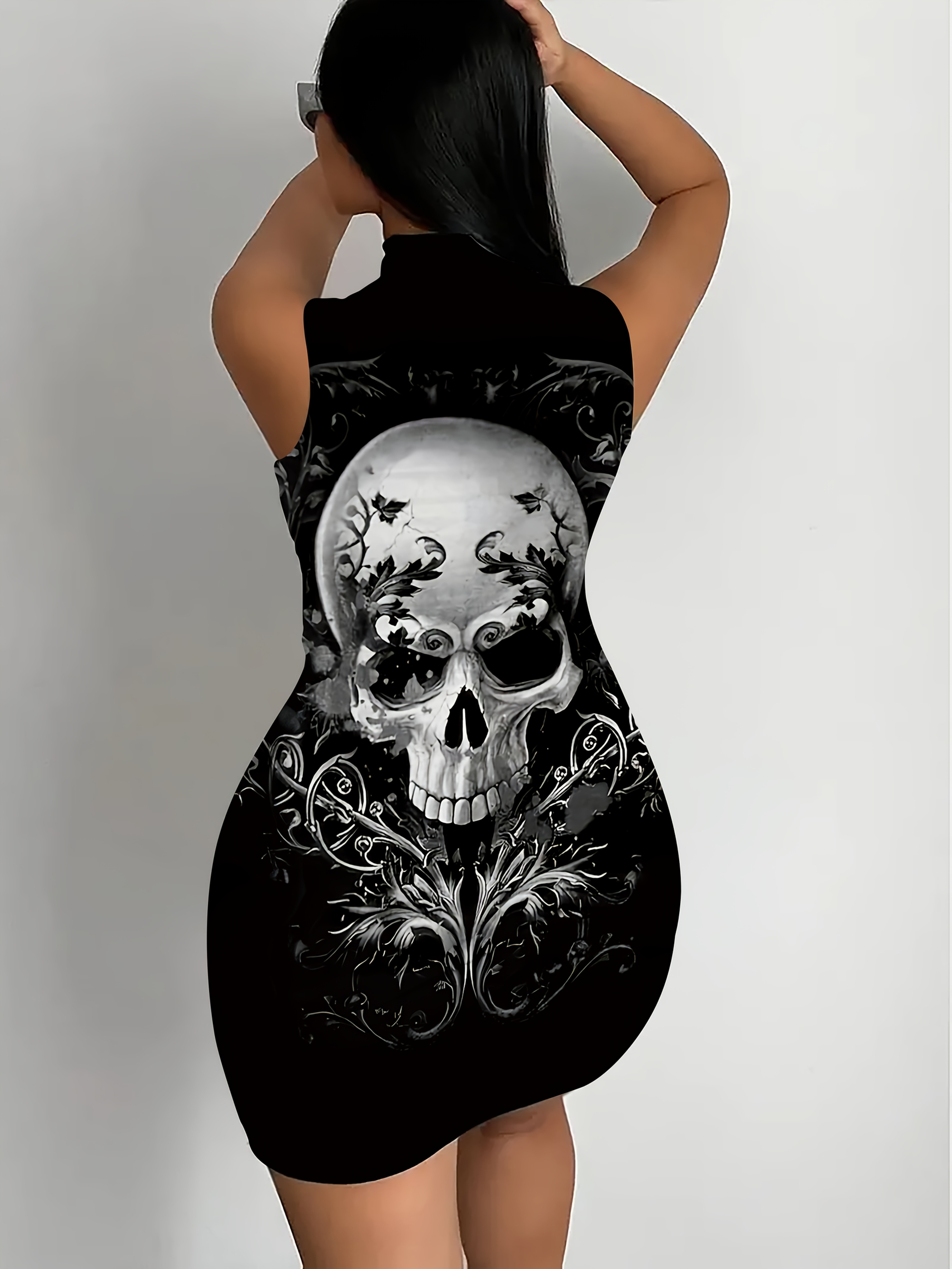 skull print bodycon dress Women's Pink Floral Skull Zip Front Bodycon Long Sleeve Dress
