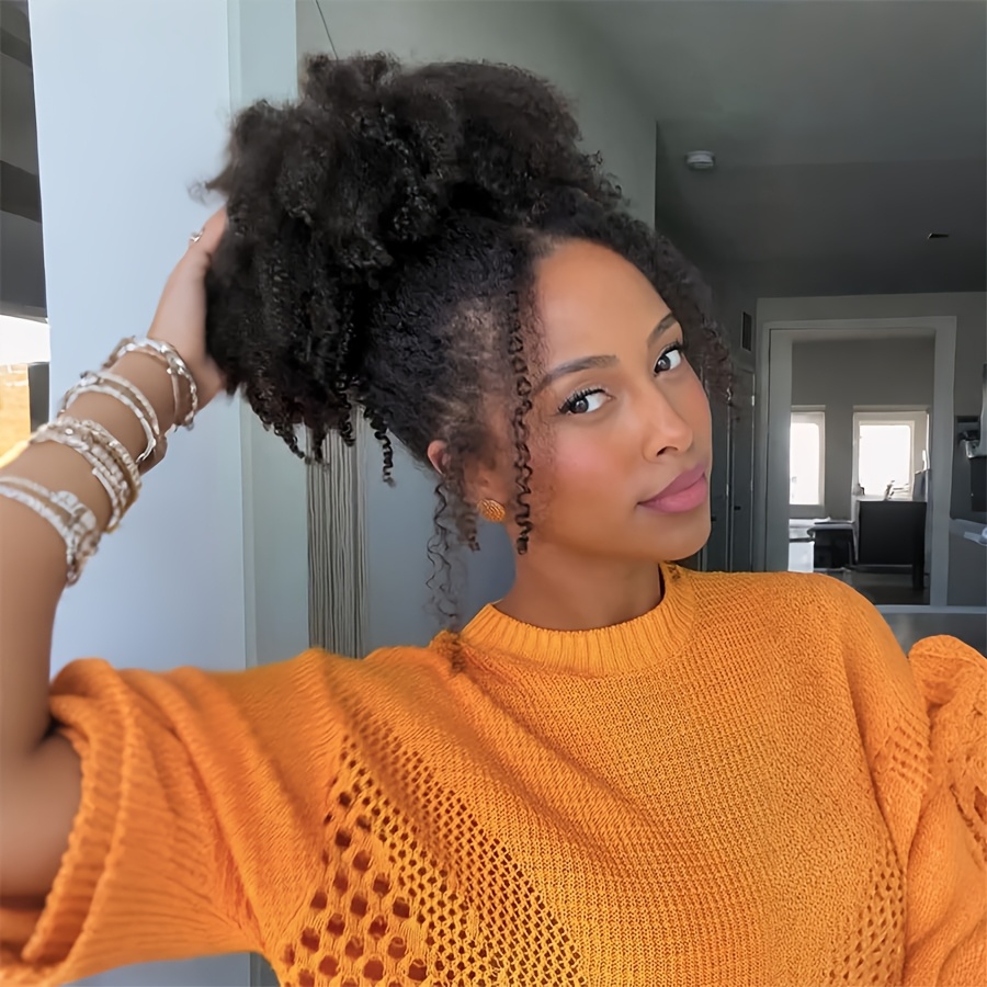   14 afro   ponytail extension with clips synthetic hair drawstring ponytail for women black secure hold natural look versatile styling for all   ponytail hair clip details 0