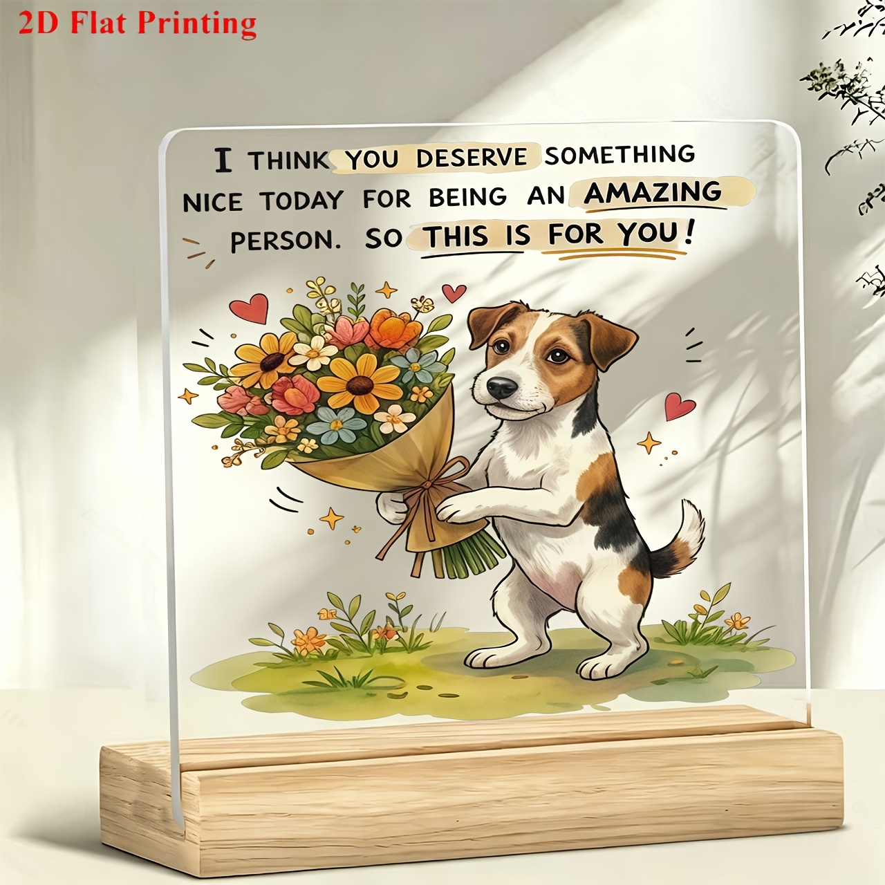 TEMU 2D Plat, Acryl Decoratief Staander Ornament voor op het Bureau, Terriër " for YOU" Boeketpatroon, Geschikt voor Werk, Studie en Toonbank in de