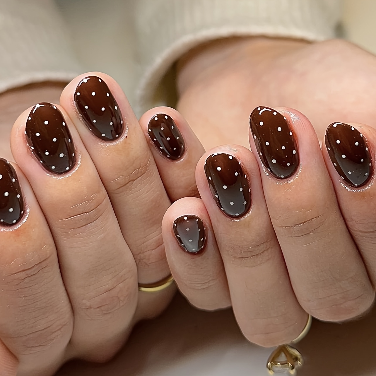TEMU 24pcs Brown Polka Dot Short Round Press On Nails, Autumn Winter Fake Nails With White Dots Design, Warm Neutral Nail Tips Perfect For Daily Wear