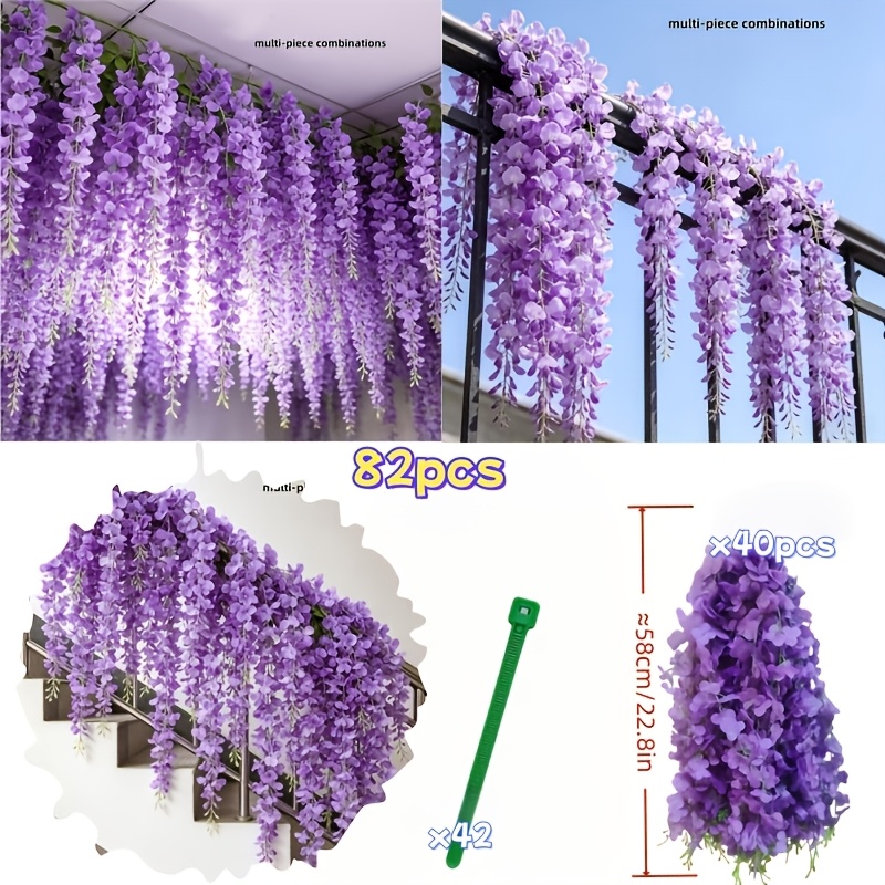 TEMU 82pcs Artificial Simulation Purple Wisteria Flowers And Vines Decoration - Synthetic Wedding Decor, Durable Plastic Flowers For
