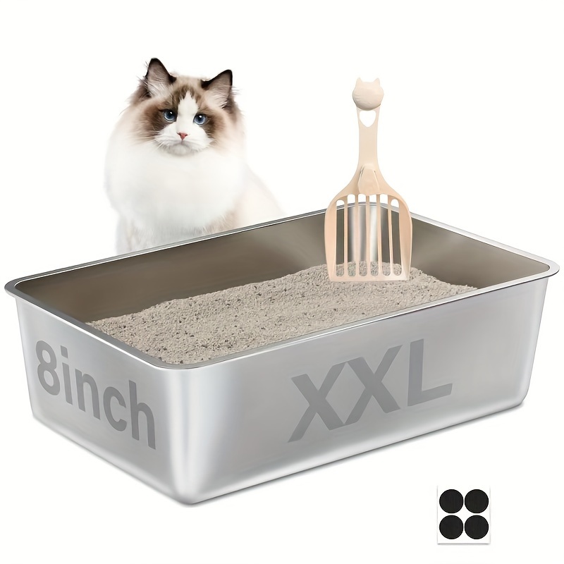 

Stainless Steel Cat Litter Box With - Xxl Heavy-duty, , High-sided, Odor-resistant Rectangle Litter Pan For Multiple Cats, Includes Non-slip Pad