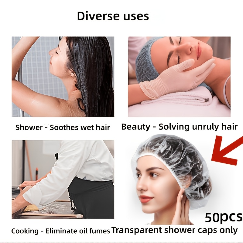 TEMU 50pcs Transparent Shower Caps - Multifunctional Transparent Hair Protection Caps, Suitable For Salon, Spa, Home Use - Bathroom And Travel Hair