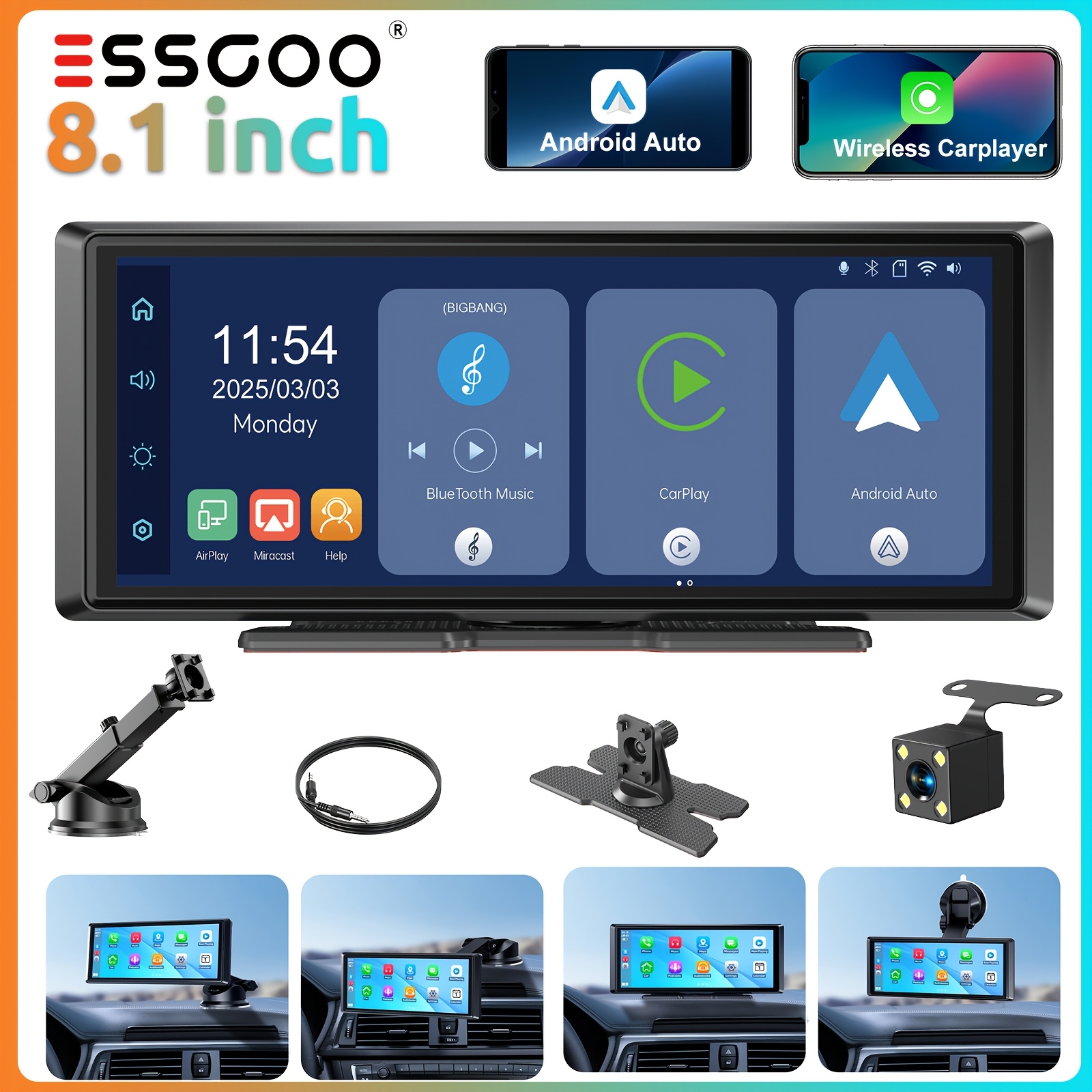 Essgoo Universal 8" Portable Featuring A Backup Camera, Ips Touchscreen Car Multimedia Player, , Auto, , Aux/fm Transmitter, Wireless 5.3, Voice Control, And And Play Functionality