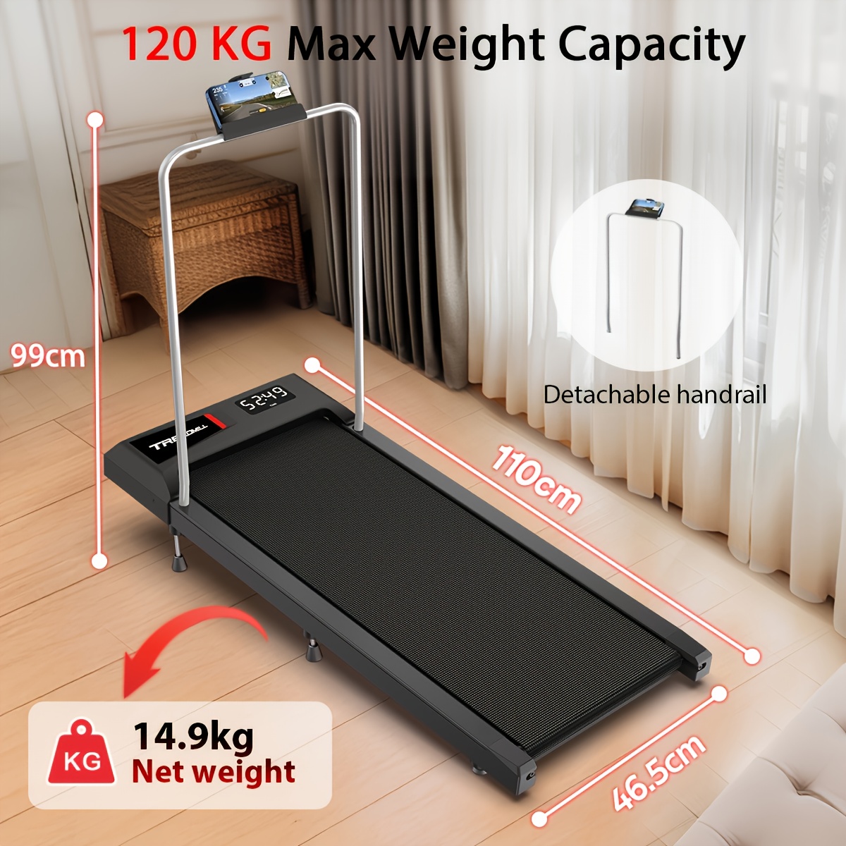 Walking Pad Treadmill, Walking Jogging Machine with 2.5HP Powerful Motor & 120kg Weight Capacity for Home Office with Double Shock Absorption, Widened Running Belt, Ultra Quiet & Small Installation-Free, Remote Control, LED Display, Without Battery