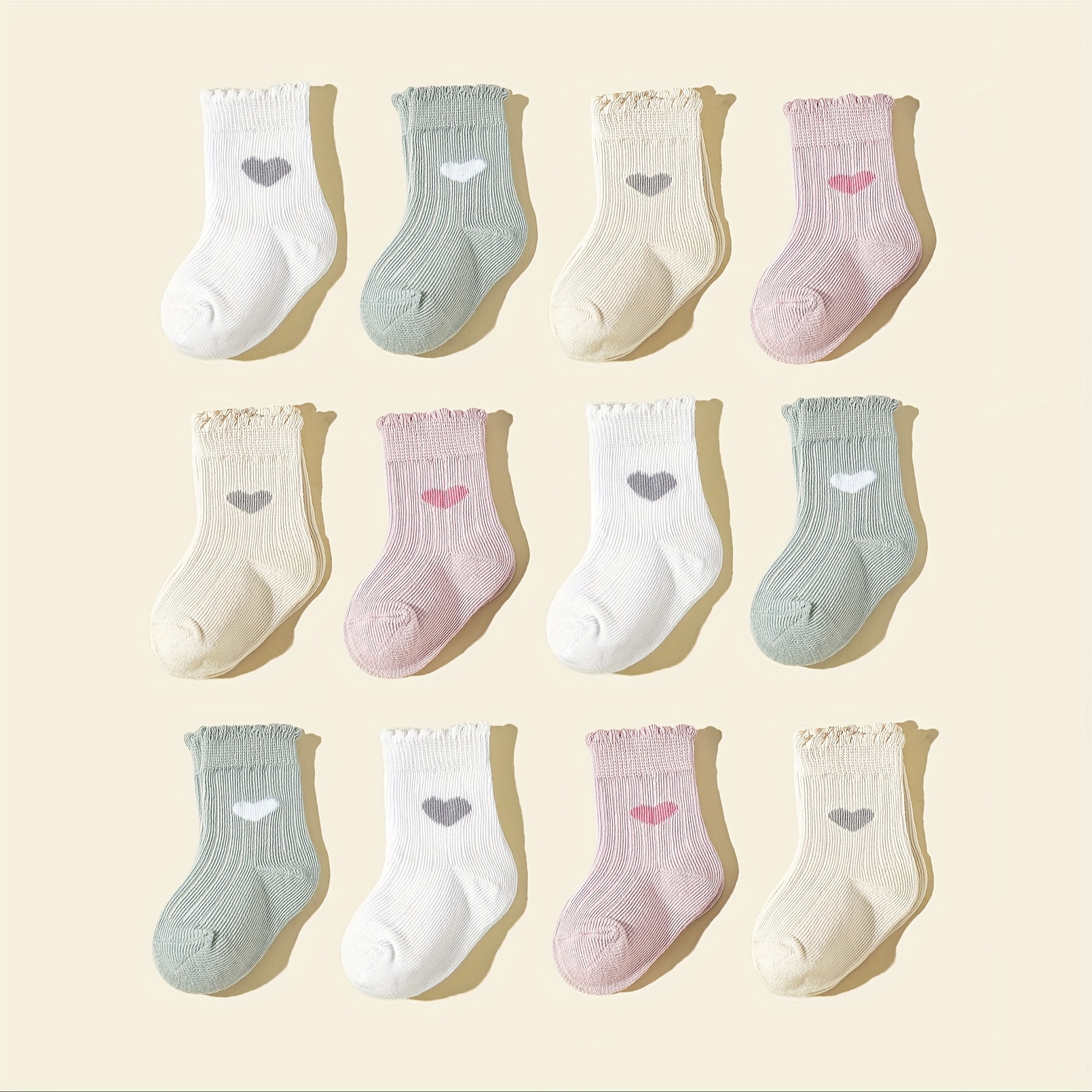 Image of 12 Pairs Of Adorable Embroidered Mid-calf Socks For Baby Girls, Featuring Heart Designs For Valentine's Day, Suitable For