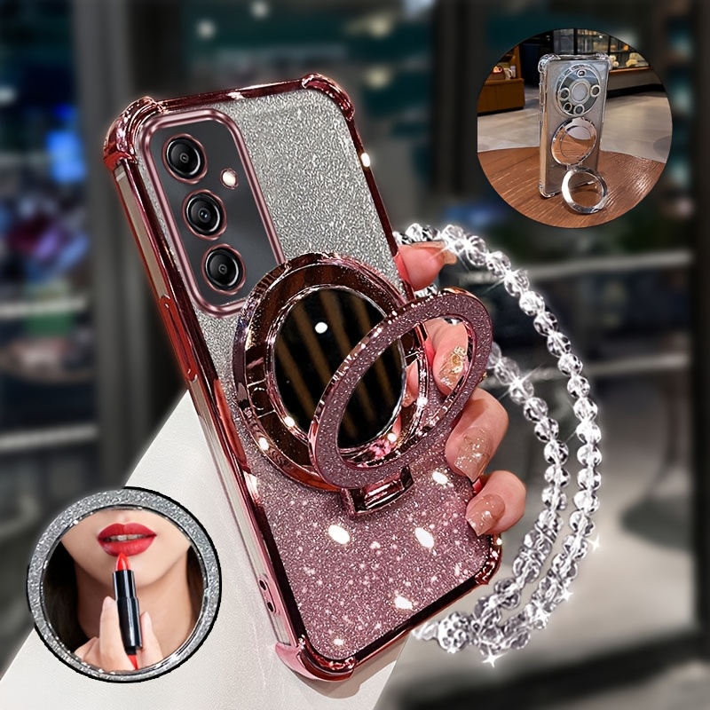 TEMU Custodia per telefono: Custodia con placcatura glitterata, cinturino da polso, cordino, specchio per trucco, supporto per telefono, adatta per