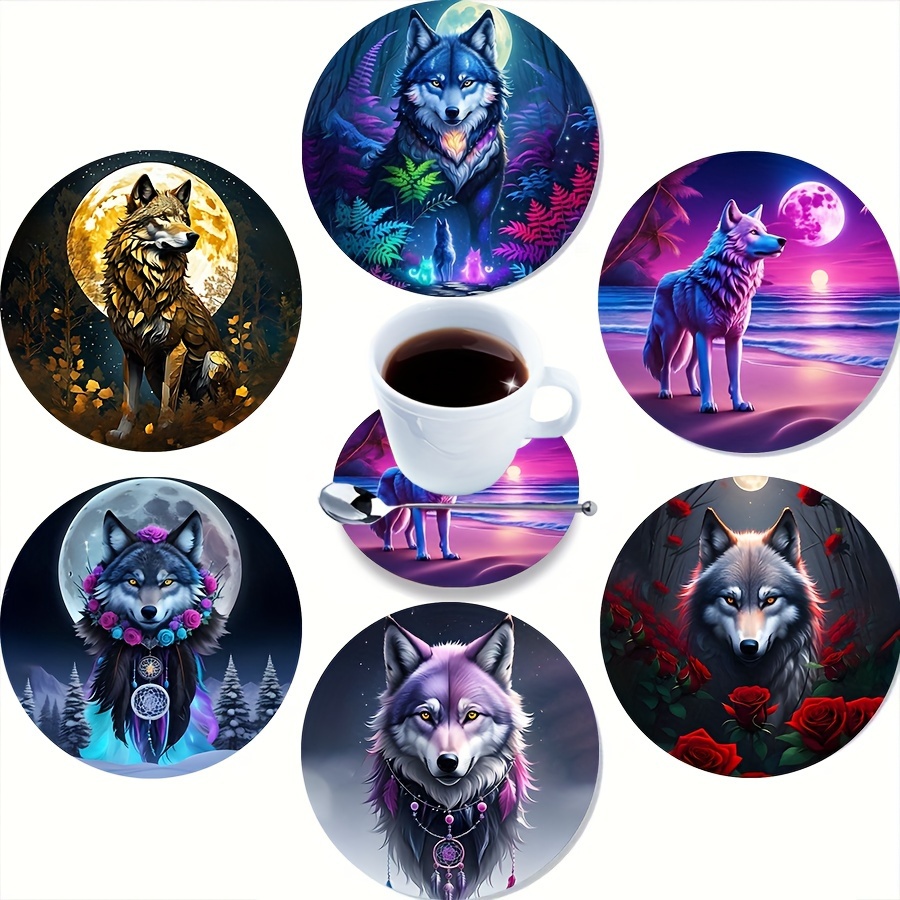 

6 Pcs Wolf Themed Coasters Set - Manufactured Wood Heat-resistant Trivets With Synthesis Cover - Non-slip Kitchen Accessories For Home Decor And Gift Set