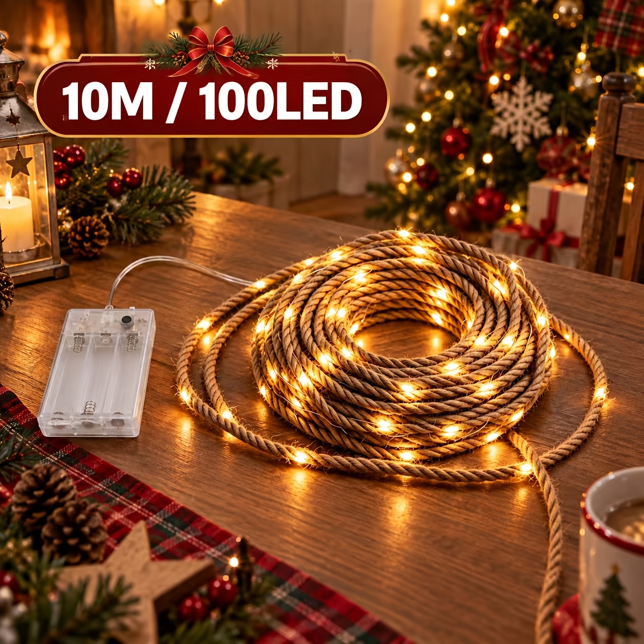 TEMU Guirlande Lumineuse LED à Cordes de Jute DIY Extra-Longues 500cm/1000cm aux Chauds, Alimentées par Piles Fil d'Alimentation . Affichage de Fêtes