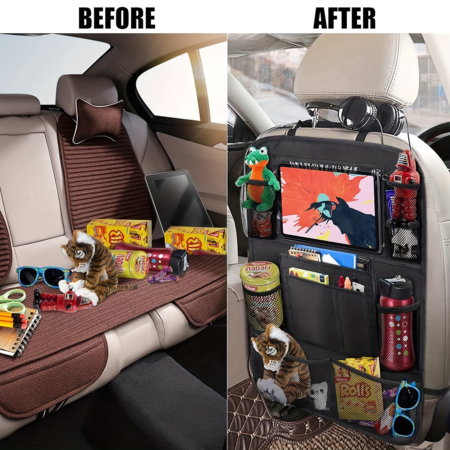 Kaufe Multi-Pocket-Auto-Organizer für Rücksitz, Spielzeug,  Aufbewahrungstasche, Tablet-Halter, Anti-Kick-Matte, Reise-Autozubehör