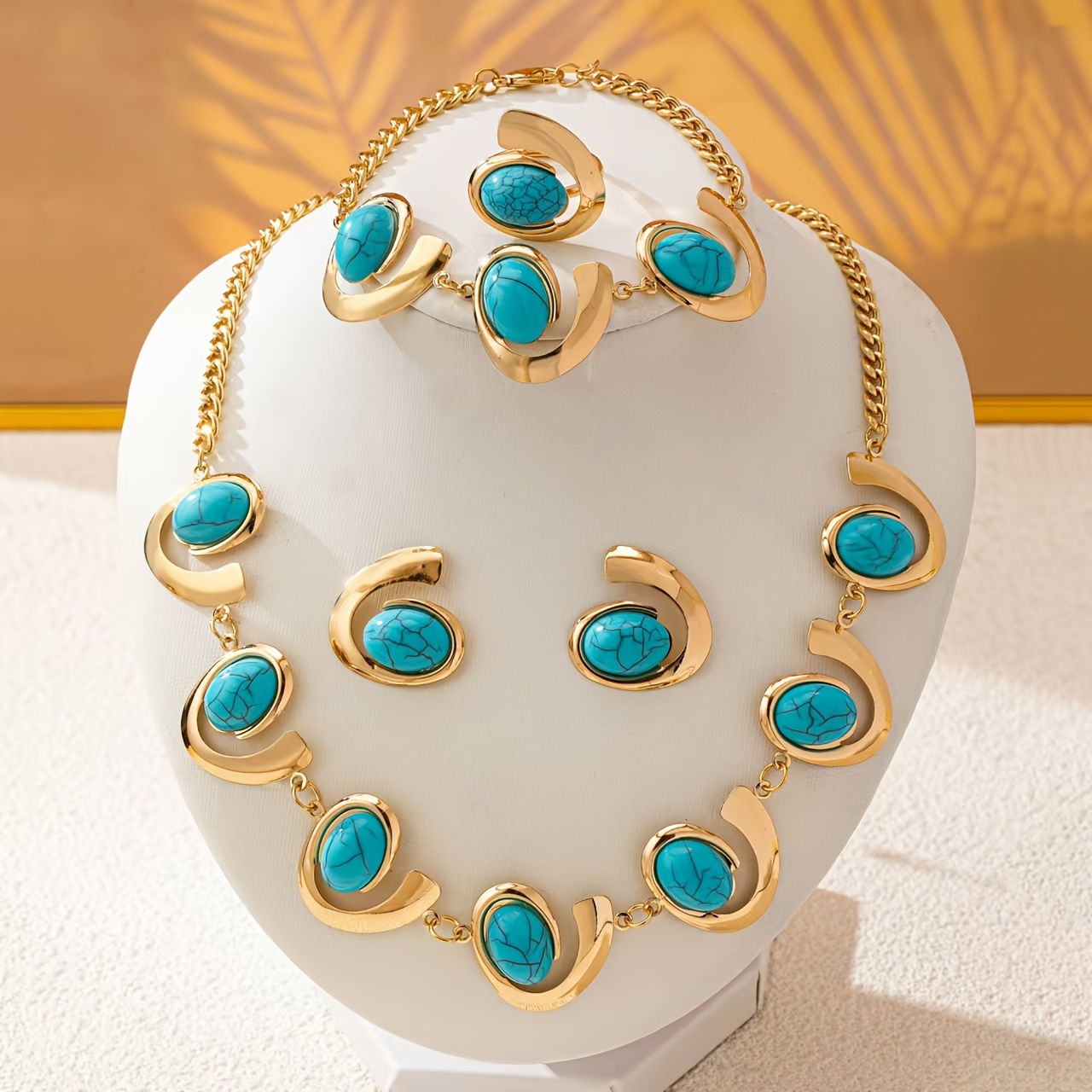 TEMU 4pcs Vintage Jewelry Set: Blue Acrylic Inlaid Necklace + Earrings + Ring + Bracelet Set, Light Luxury High-end Geometric Shaped Accessories,