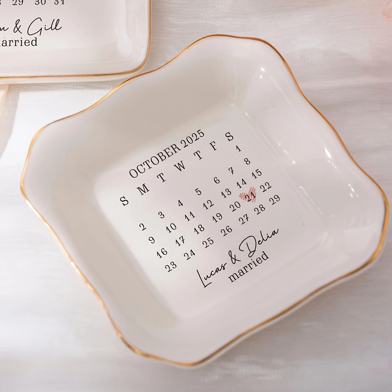 TEMU Personalized Wedding & Engagement Keepsake Dish - Heart-shaped Suitable For Couples Date/anniversary Display, Ring Holder For Dresser, Shelf