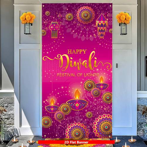 banner 2d plat, banner 2d pentru ușă, 1 bucată banner pentru ușă diwali - roz vibrant și , decor pentru festival indian cu mesajul „happy diwali”, modele tradiționale de lămpi cu ulei și temă de păun - de agățat potrivit pentru verandă, intrare, decor de petrecere, fără nevoie de