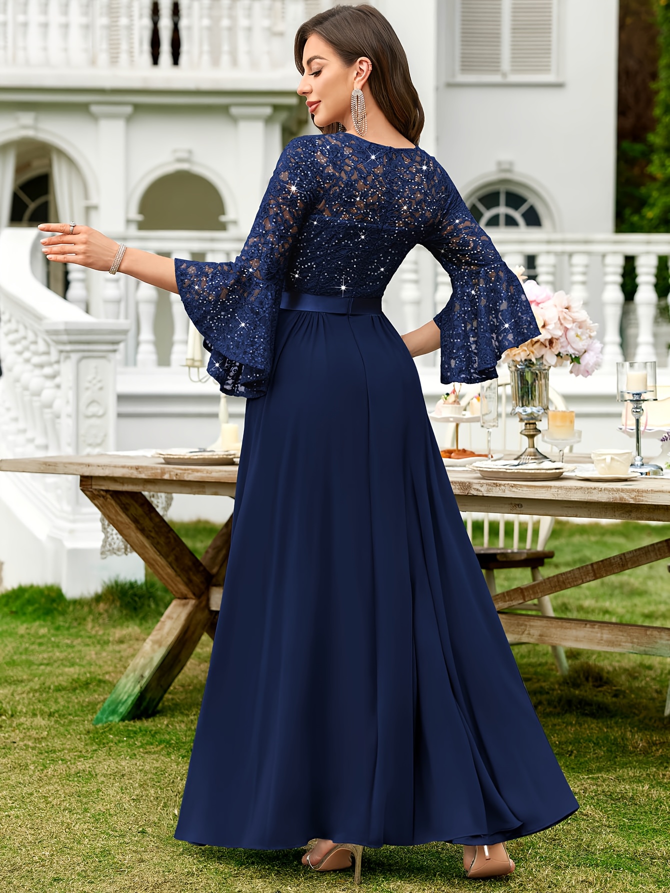 Sleeves Design Long Sleeve Bell Sleeve Dress Elegant Women'S Lace