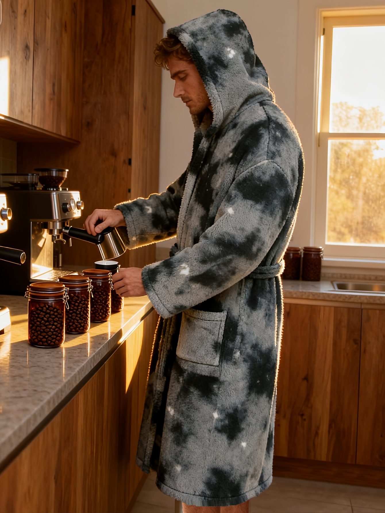 Men's Tie-Dye Coral Hooded Robe - Long Sleeve Kimono Sleepwear with Belt, Loose Fit Winter Robe for home, Spa & Outdoor, Warm Lined Jacket (Tie-Dye Pattern) - Machine Washable All-Season Wear