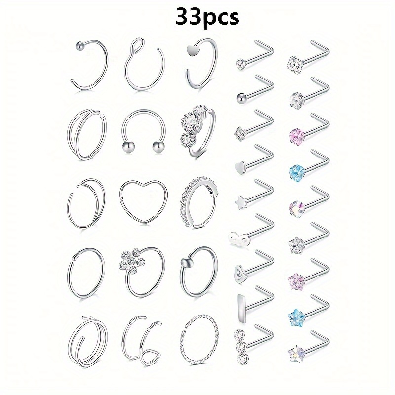 

33pcs Set Of Nose Studs, Nose Rings, Love Flower Style Nose Rings Hoop, Silvery Stainless Steel, Y2k Fashionable Women's Nose Piercing Jewelry