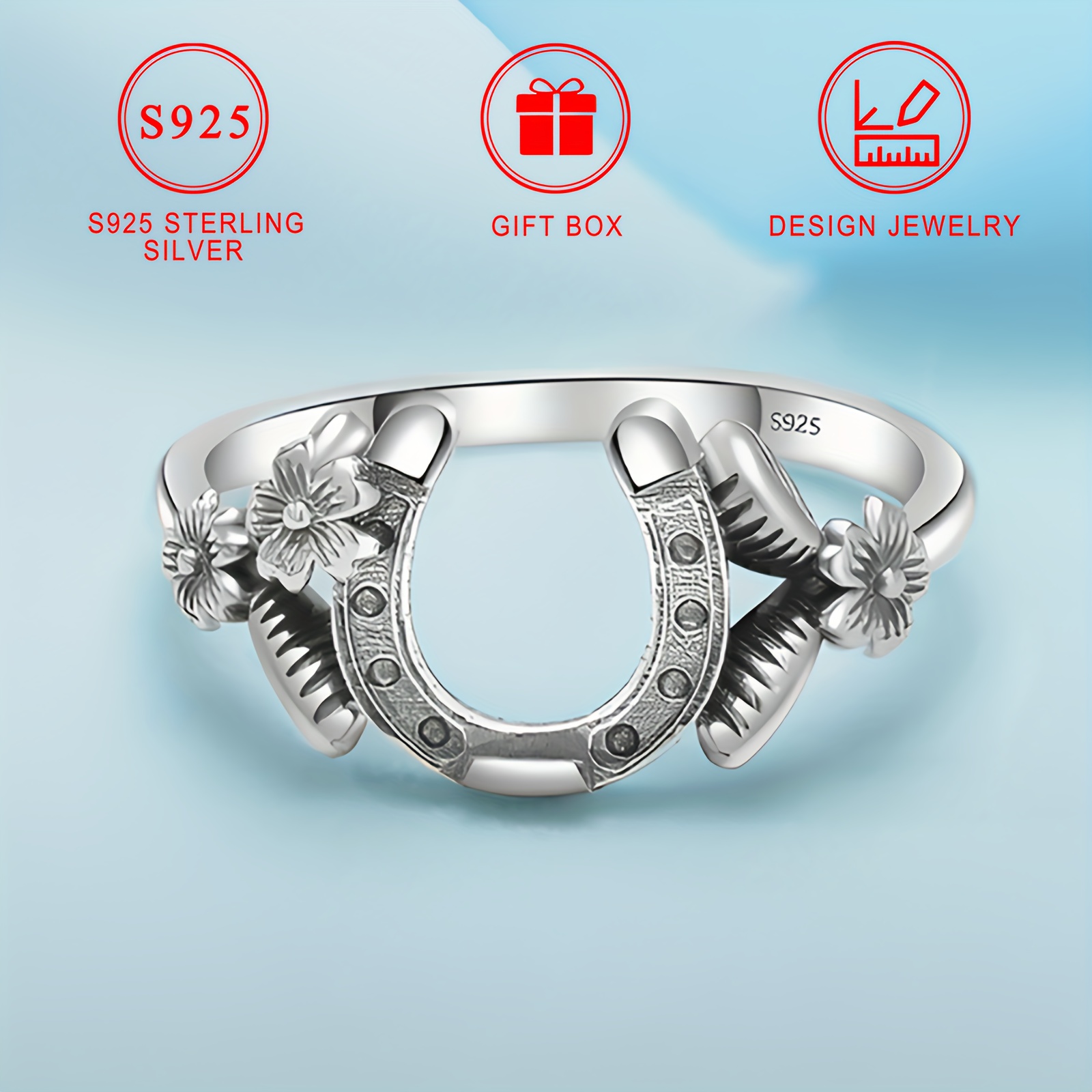 

S925 Sterling Silver Horseshoe Ring Gifts For Women, Classic Vintage Floral U-shaped Band, High-quality Jewelry, Ideal For Everyday Wear And Gifting, Comes With Gift Box