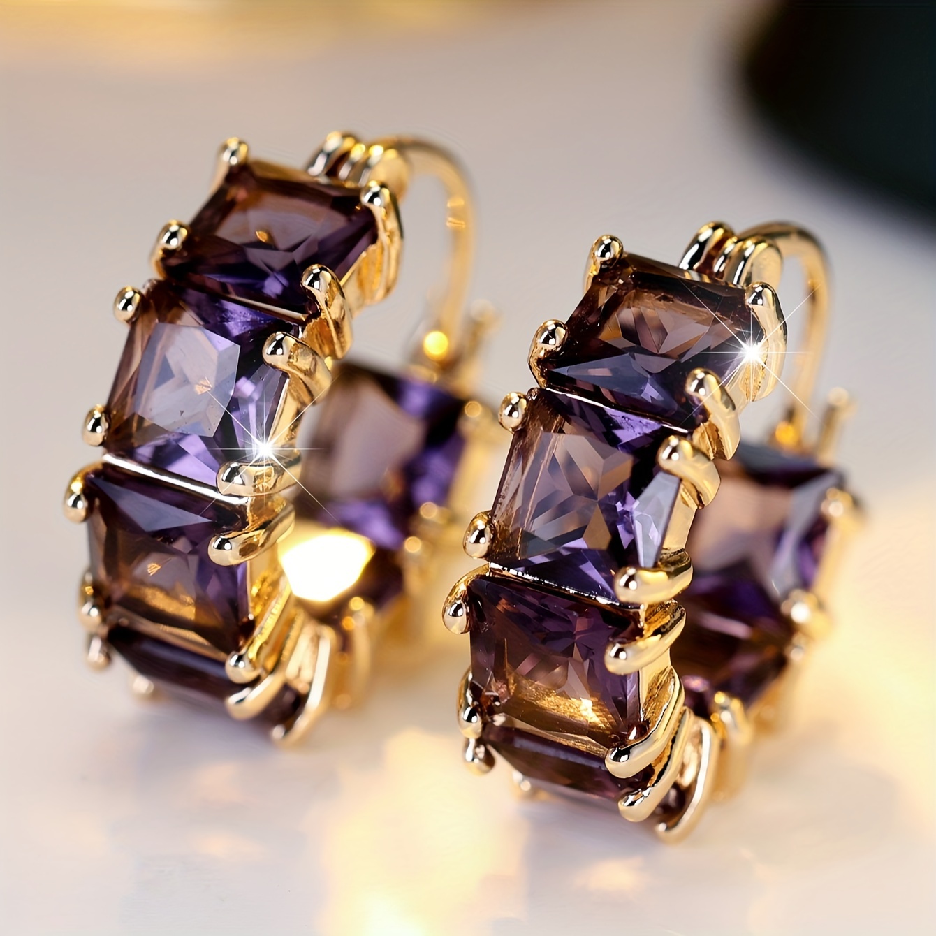 

1 Pair Boho Luxury Clip-on Drop Earrings With Purple Cubic Zirconia - Copper Ear Needle, No Plating, Gift For Valentine's Day Wedding And All