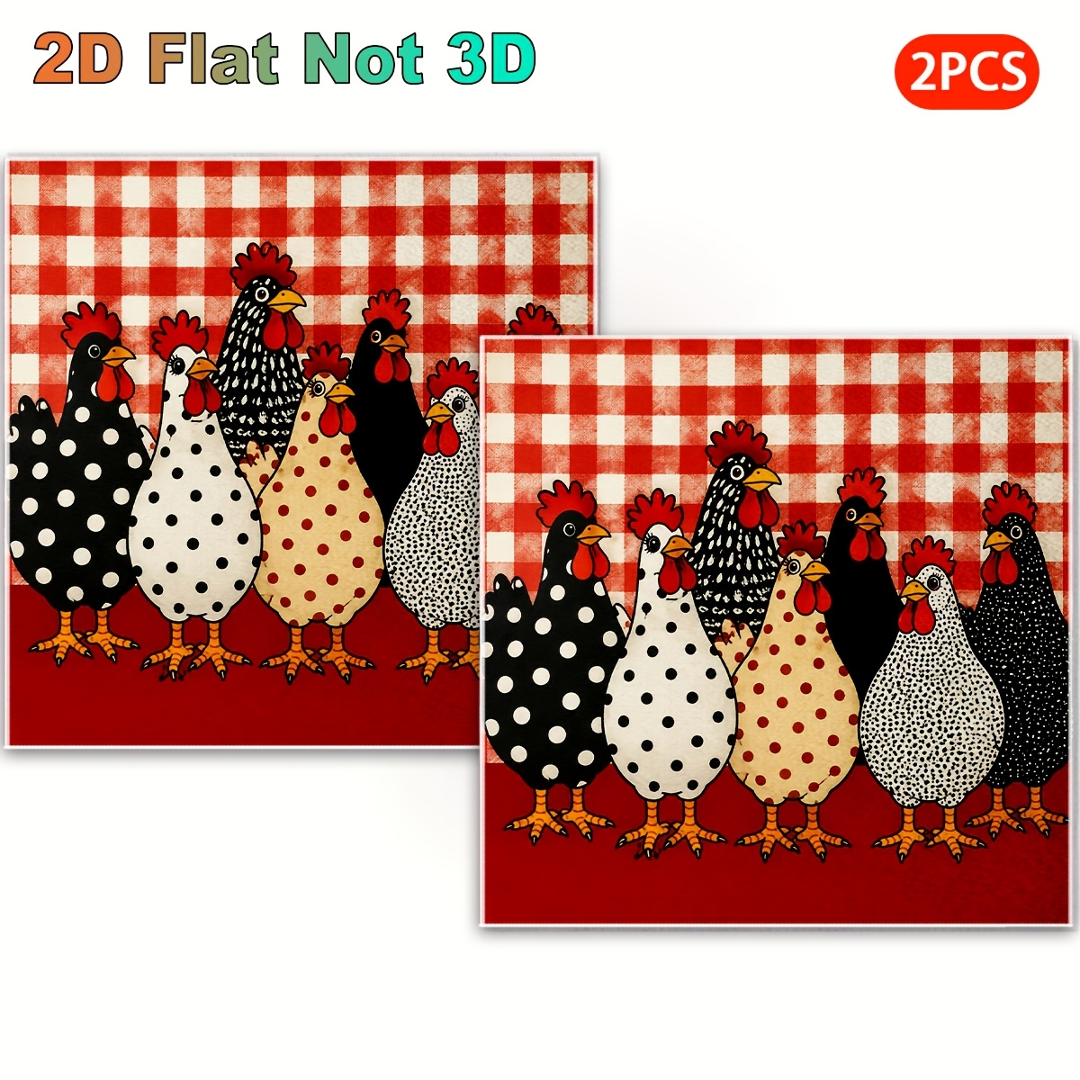 TEMU Lot de 2 torchons de vaisselle et tampons à récurer 2D plats à carreaux rouges avec troupeau de poulets, adaptés , serviette carrée réutilisable