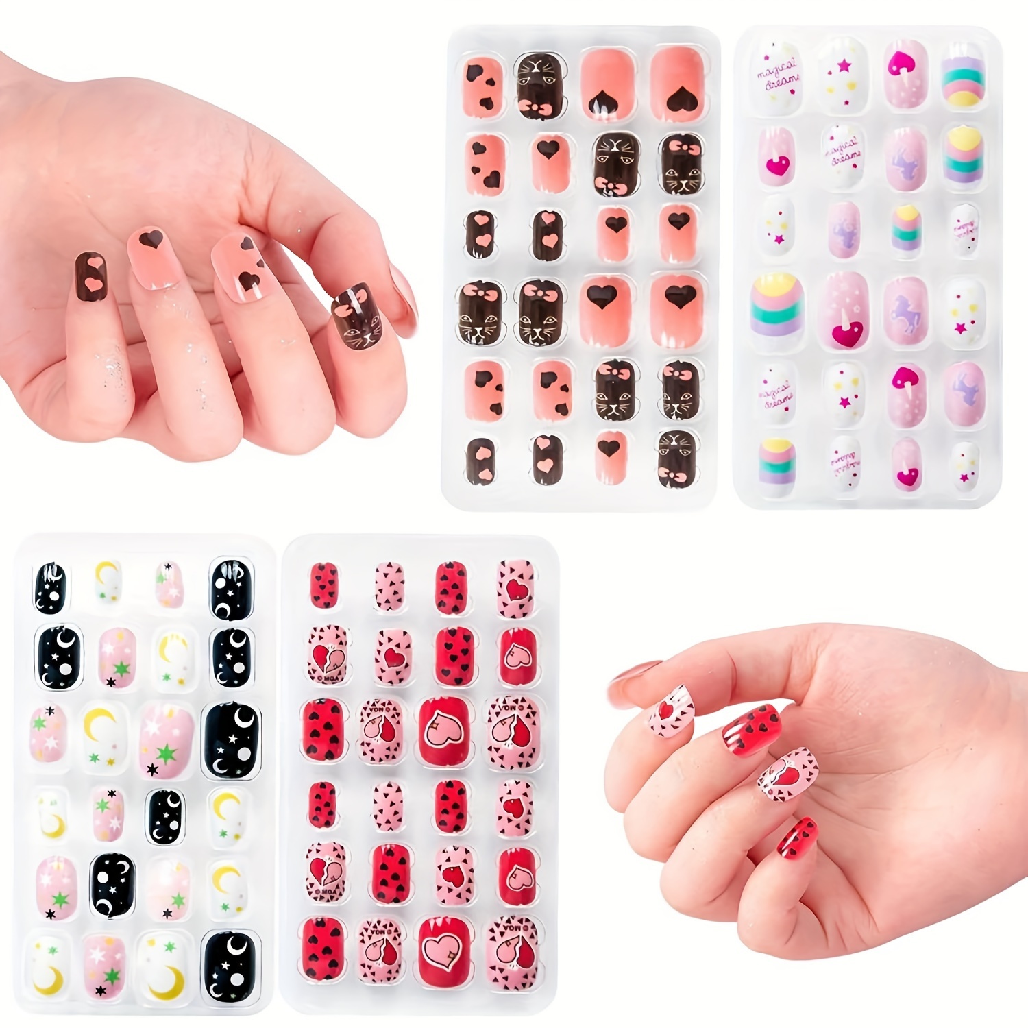 

4pcs Moon Self-adhesive Nail Art Nail Plate Set, Full Coverage Short False Nail Set 's Girl Gift