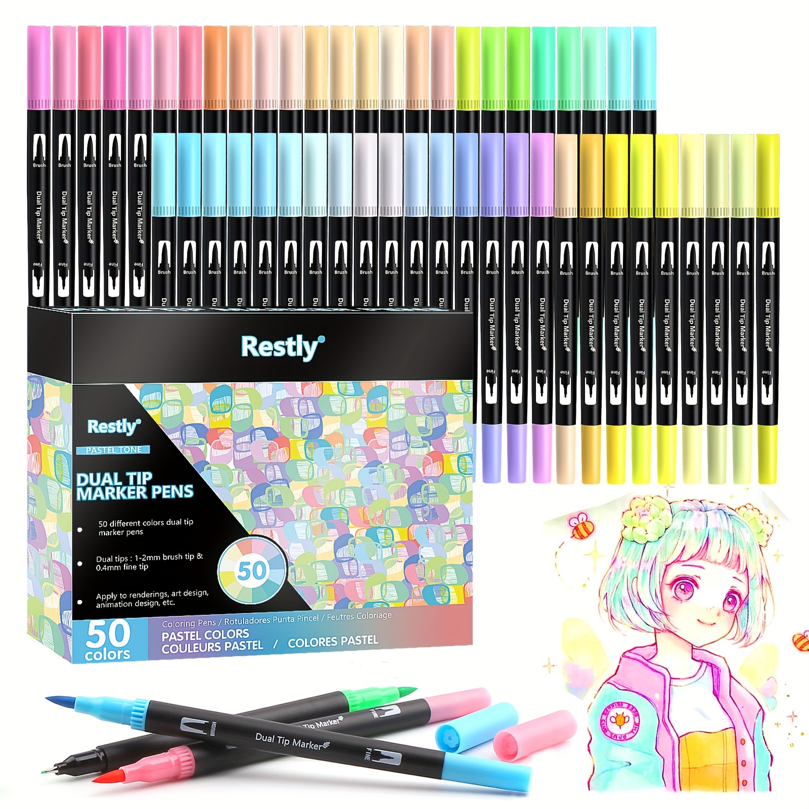 

50 Dual-tip Macaron Watercolor Pens In Various Colors, With Fine Arrow-shaped Tips, Suitable For Drawing, Coloring, And Shading.