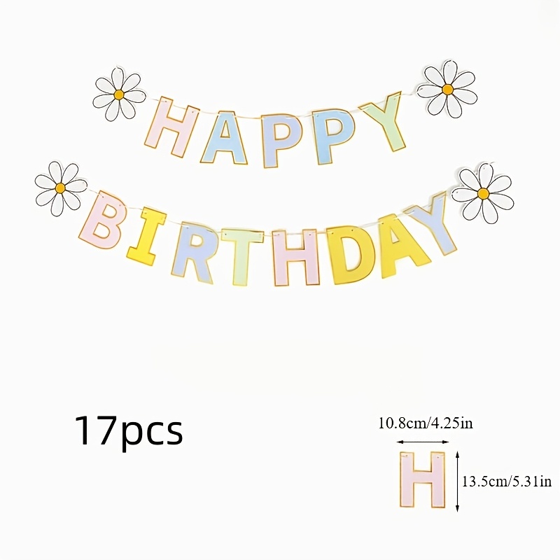 TEMU 17pcs Macaron-colored Small Daisy Letter Birthday Party Flags, Hot Outline With Decorations, Suitable For Family Birthday Celebrations, Photo