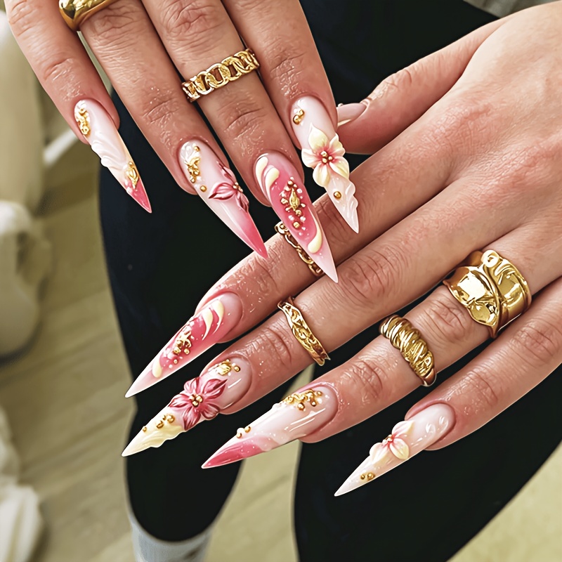 TEMU Lot de 24 faux ongles pressés en acrylique style Y2K à fleurs, stiletto/, surface longue, finition brillante, dégradé rose, motif plage