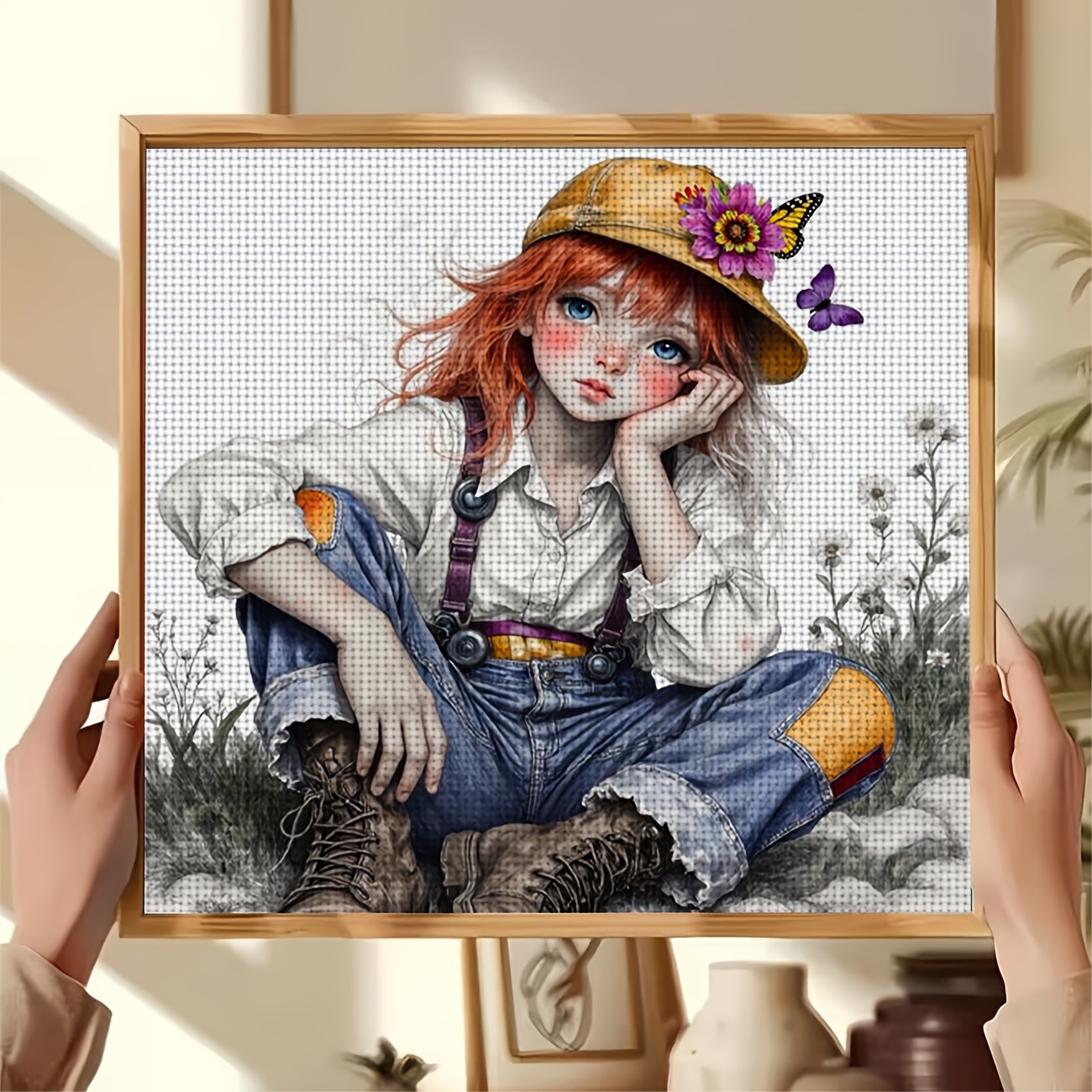 DIY Cross-Stitch Printed Kit, Red-Haired Child with Yellow Hat Pattern