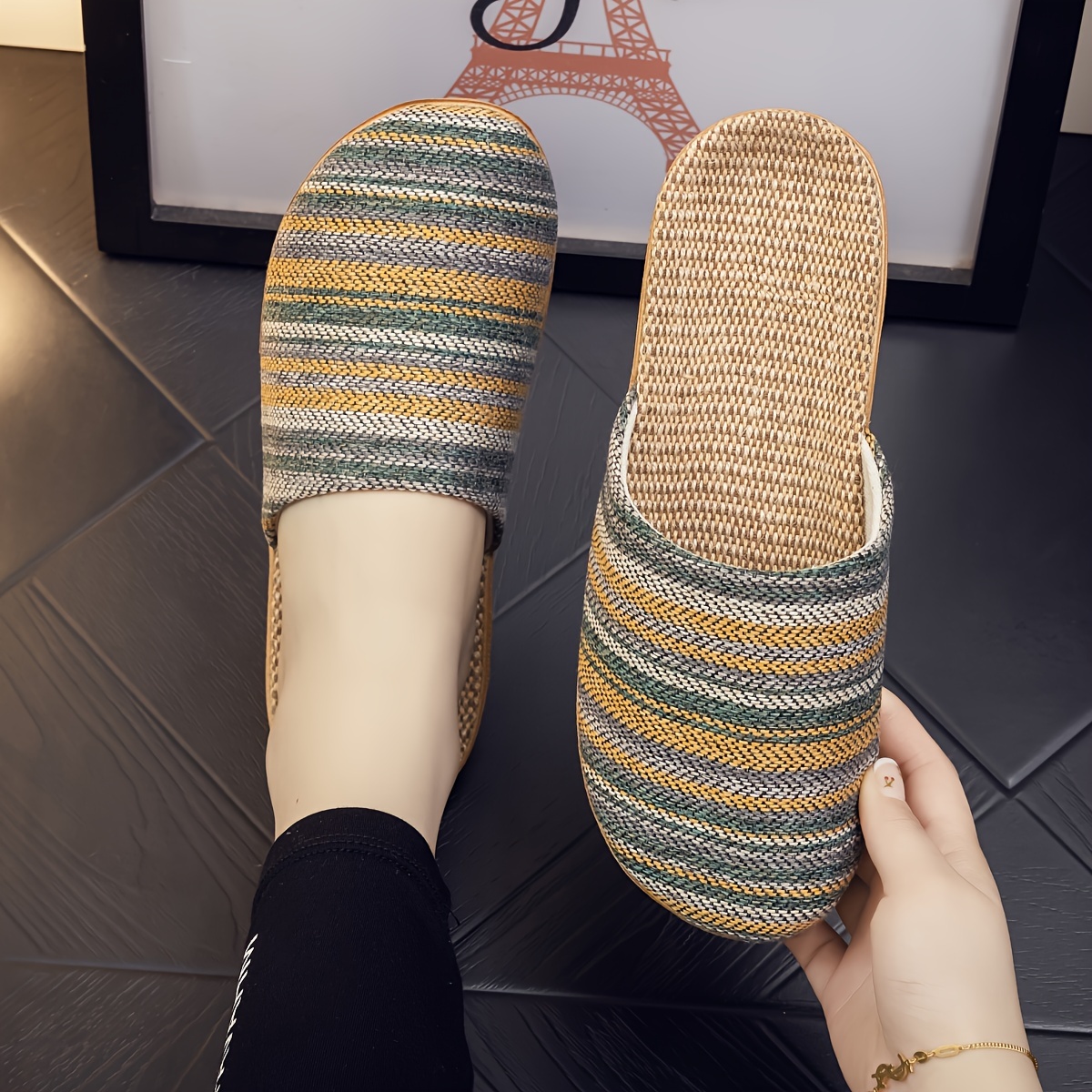 Women's Japanese Style Breathable Slippers, Bohemian Striped Indoor Slides, Lightweight Non-Slip Soft Sole, Hand Wash or Dry Clean, All-Season Fabric Upper and Liner, EVA Sole, Home Footwear