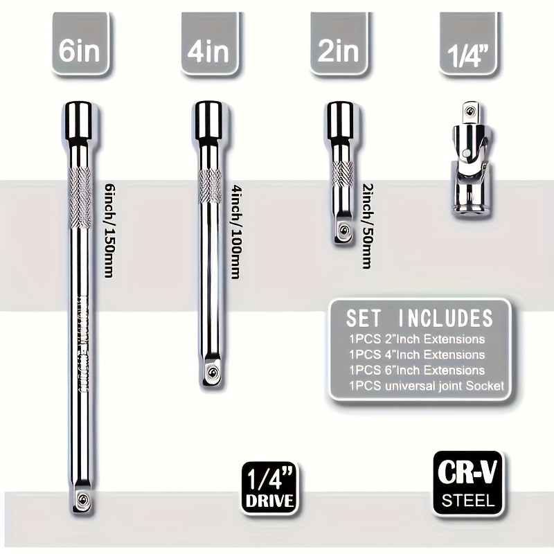 Image of 4pcs Extension Rod 1/2 Ratchet Wrench Tool 3/8 Large, Medium And Small Fly Extension Rod 1/4 Short Rod Sleeve Connecting Rod