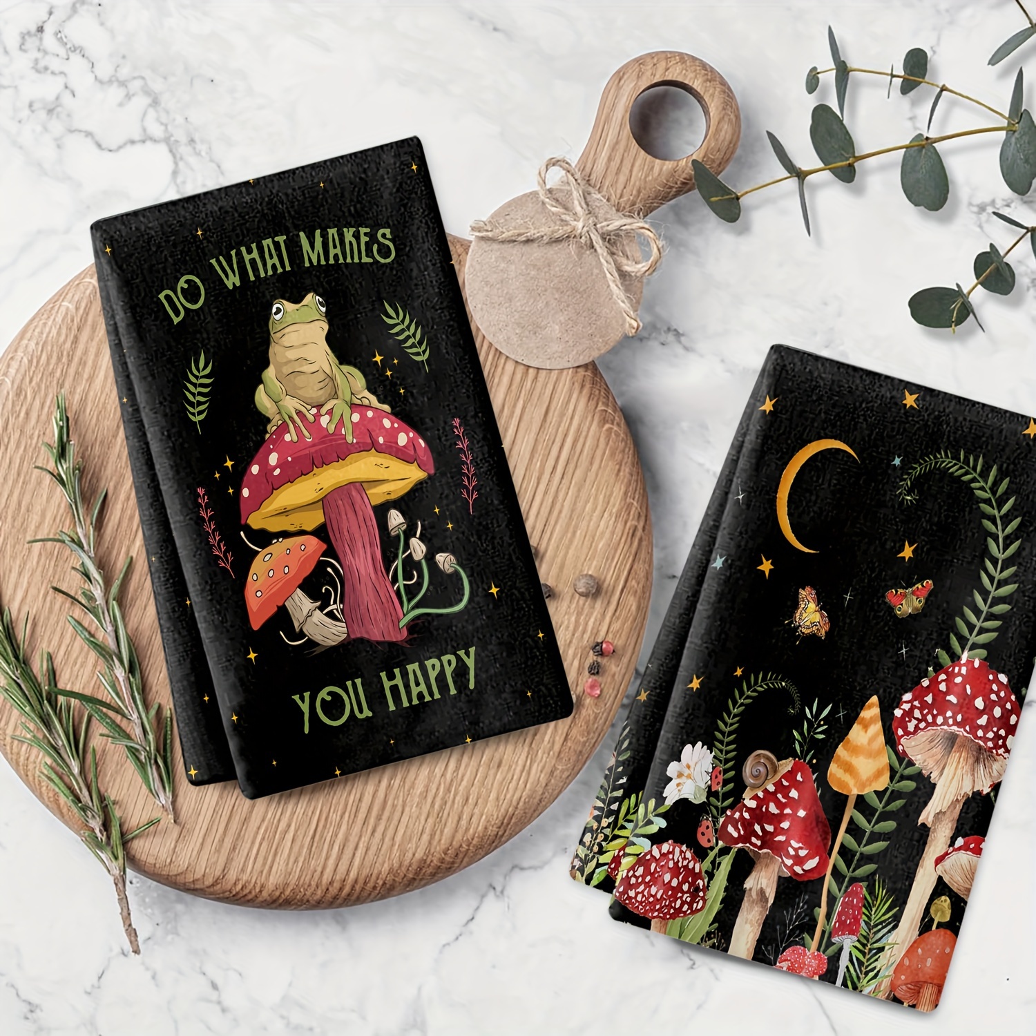 TEMU 2pcs Mushroom Kitchen Towels Dish Towels Black Retro Mushroom Frog Dish Towels Rustic Farmhouse Style Bathroom Hanging Hand Towels, Bar Scouring Cloth Hand Towels For Home Decor