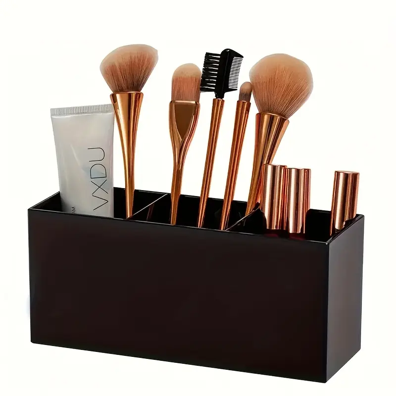 1pc makeup brush organizer with 3 compartments vanity organizer compact cosmetic storage box with brush slots for desk bathroom travel makeup brush holder for professionals home use makeup organizer for vanity acrylic material durable plastic Product details 1