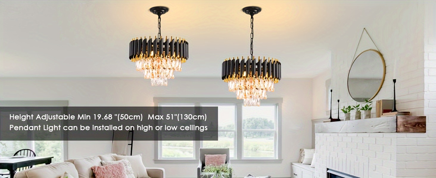 Elegant 3-Tier Black & Golden Crystal Chandelier - Modern Flush Mount Ceiling Light for Living Room, Dining, Bedroom - Adjustable, Easy Install, E12 Base (Bulb Not Included)