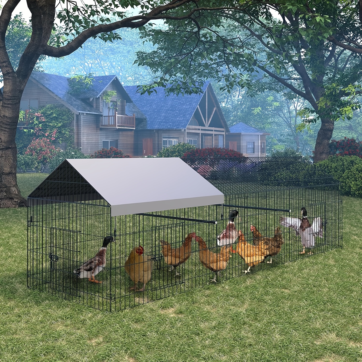 Metal Chicken Enclosure, 130 X 40 X 40 Inch For Yard Featuring Waterproof Cover, Outdoor Pen With 4 Access Points, 1 Window, Suitable For Small Animals Like Ducks, Rabbits, And Hens