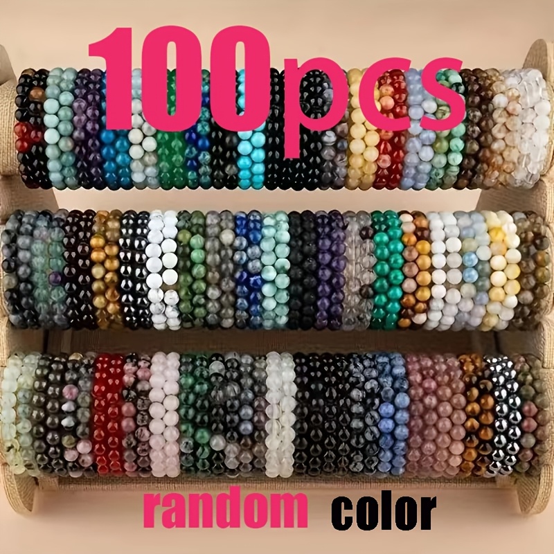 TEMU 100pcs Random Color Exquisite And Fashionable Glass Bead Bracelet Set, Colorful Marble And Glass Beads, Unique Patterns, 8mm Round Beads In 8