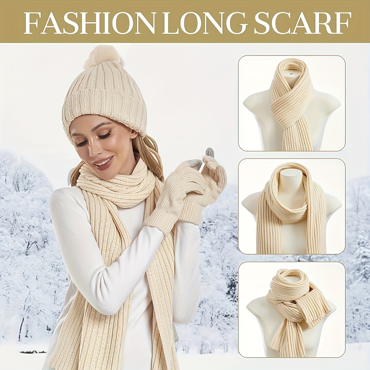 womens winter knit set   beanie long scarf and touchscreen gloves 3 in 1 bundle thermal and warm for cold weather details 2