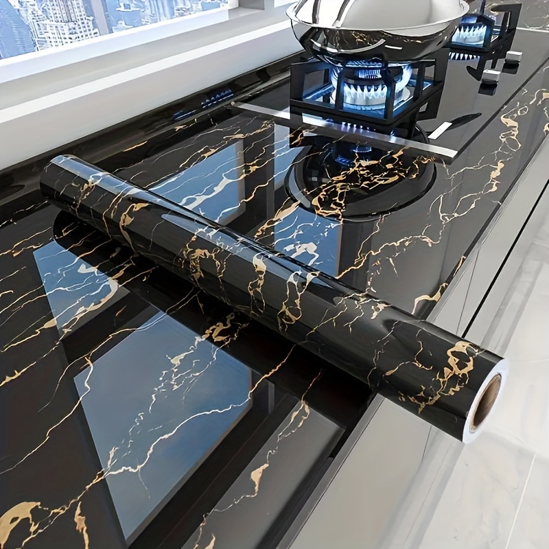 1pc Luxury Black Marble Vinyl Wallpaper - Self-Adhesive, Large Kitchen Backsplash with Golden Veins, 60cm x 5m, Easy Installation for Modern Home Decor, Modern Wallpaper | Marble Texture | Durable Wallpaper