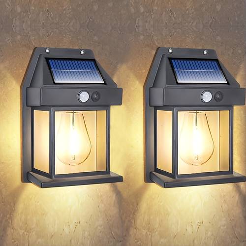 2pcs solar powered motion sensor led outdoor wall lights with 3 lighting auto on off durable plastic construction lithium battery solar charged for porch garden yard deck fence easy semi recessed installation