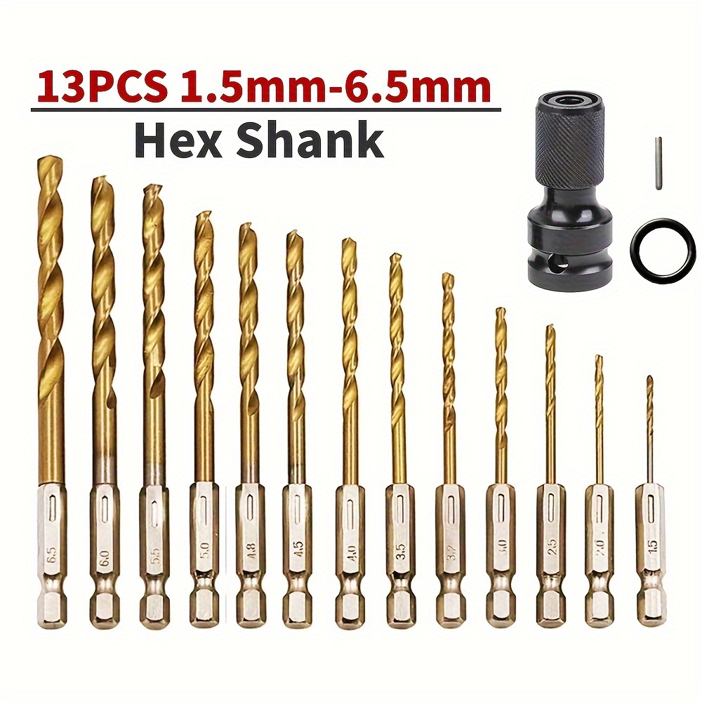 

13pcs Titanium Coated Steel Twist Drill Bit Set, 1/4 Inch Hex Shank, For Wood, Plastic, Aluminum, Soft Metal, Quick Change And Lock, 1.5mm-6.5mm, Electric Wrench Adapter Included