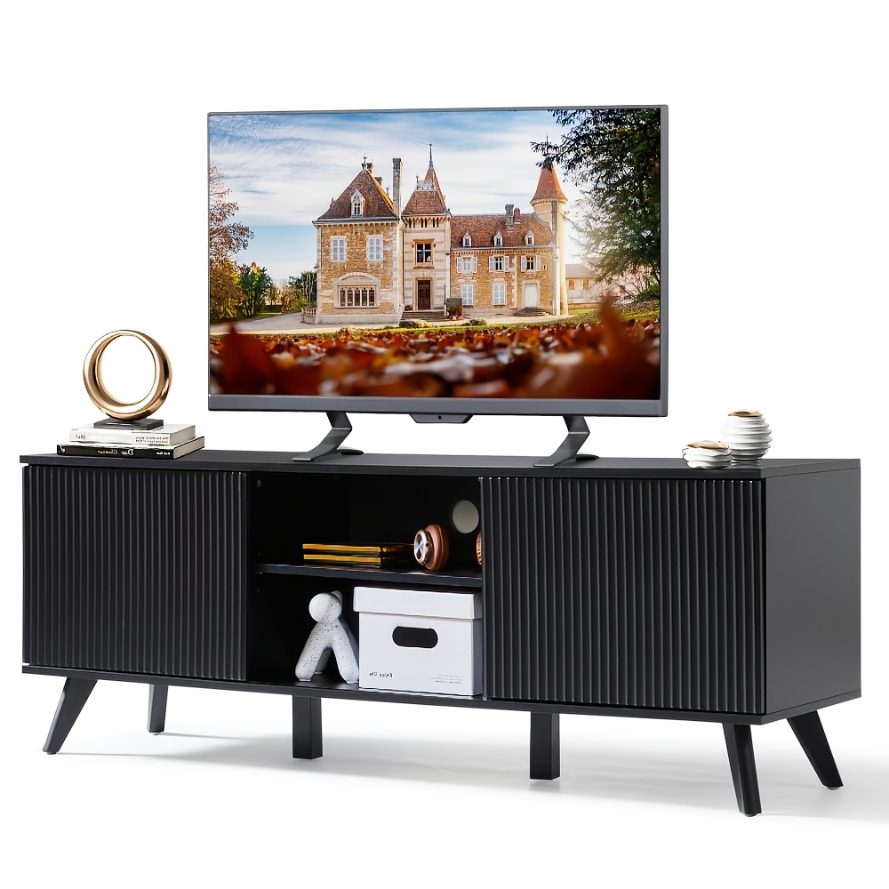 Fluted Tv Stand For Tvs Up To 65'', Modern Mid Century Entertainment Center With Storage Cabinet, Console For Living Room Bedroom Office, Black