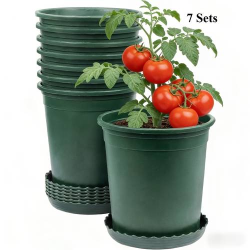14pcs planting tool set 7 plant pots with drainage holes and 7 saucers durable green seedling pots suitable for indoor and outdoor use ideal for growing flowers vegetables and herbs classic textured design stackable gardening