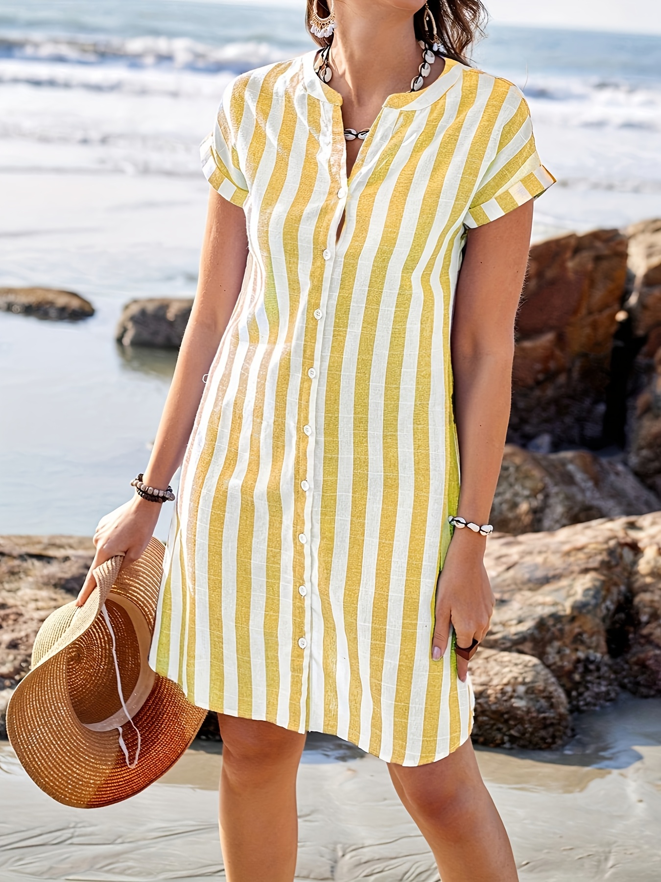 Robe chemisier unie lin tendance - vêtement mode
