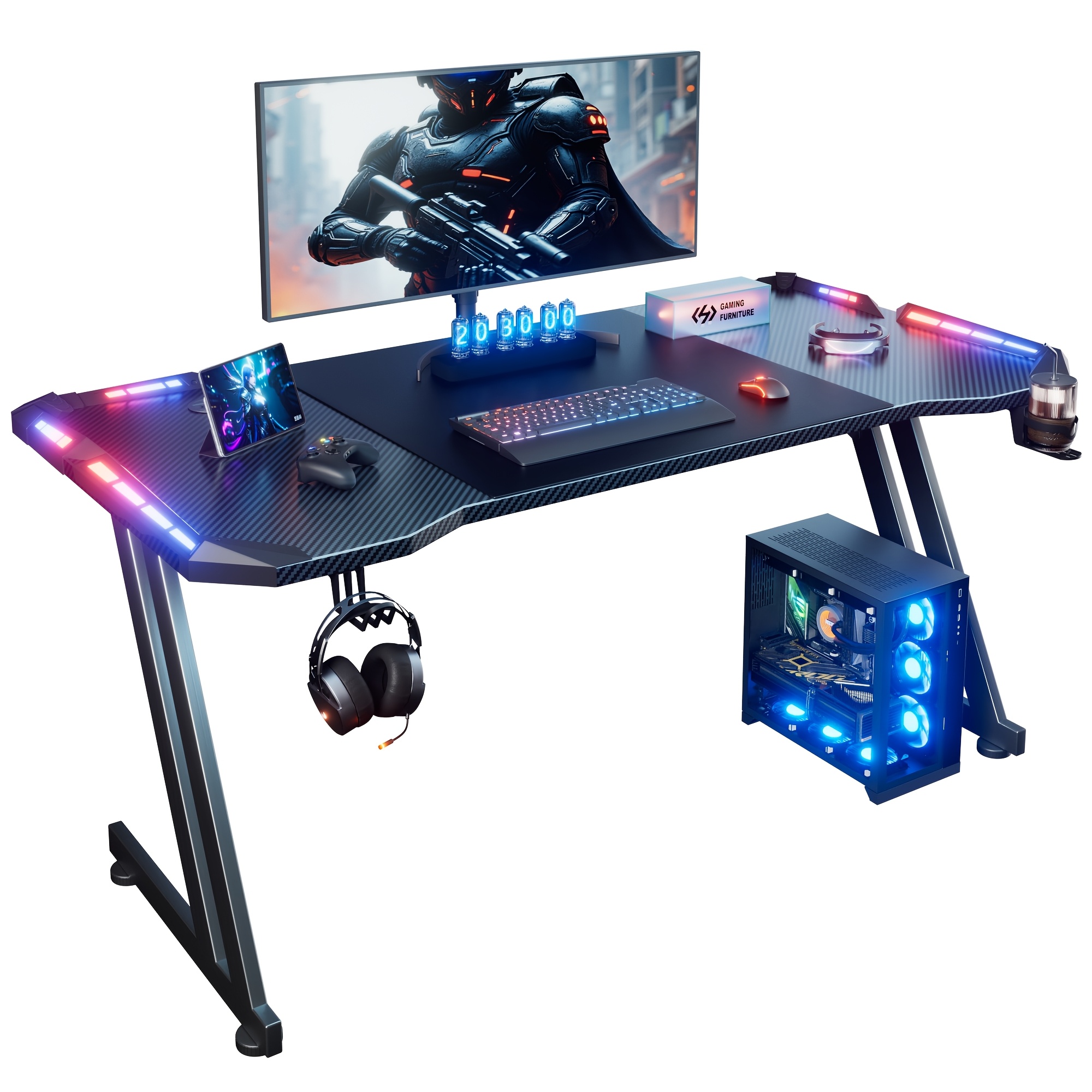 Gaming Desk With Led Lights And Mouse Pad, Large Ergonomic Computer Desk With Cup Holder, Headphone Hook, Modern Carbon Fiber Design For Pc Gaming & Home Office, Black