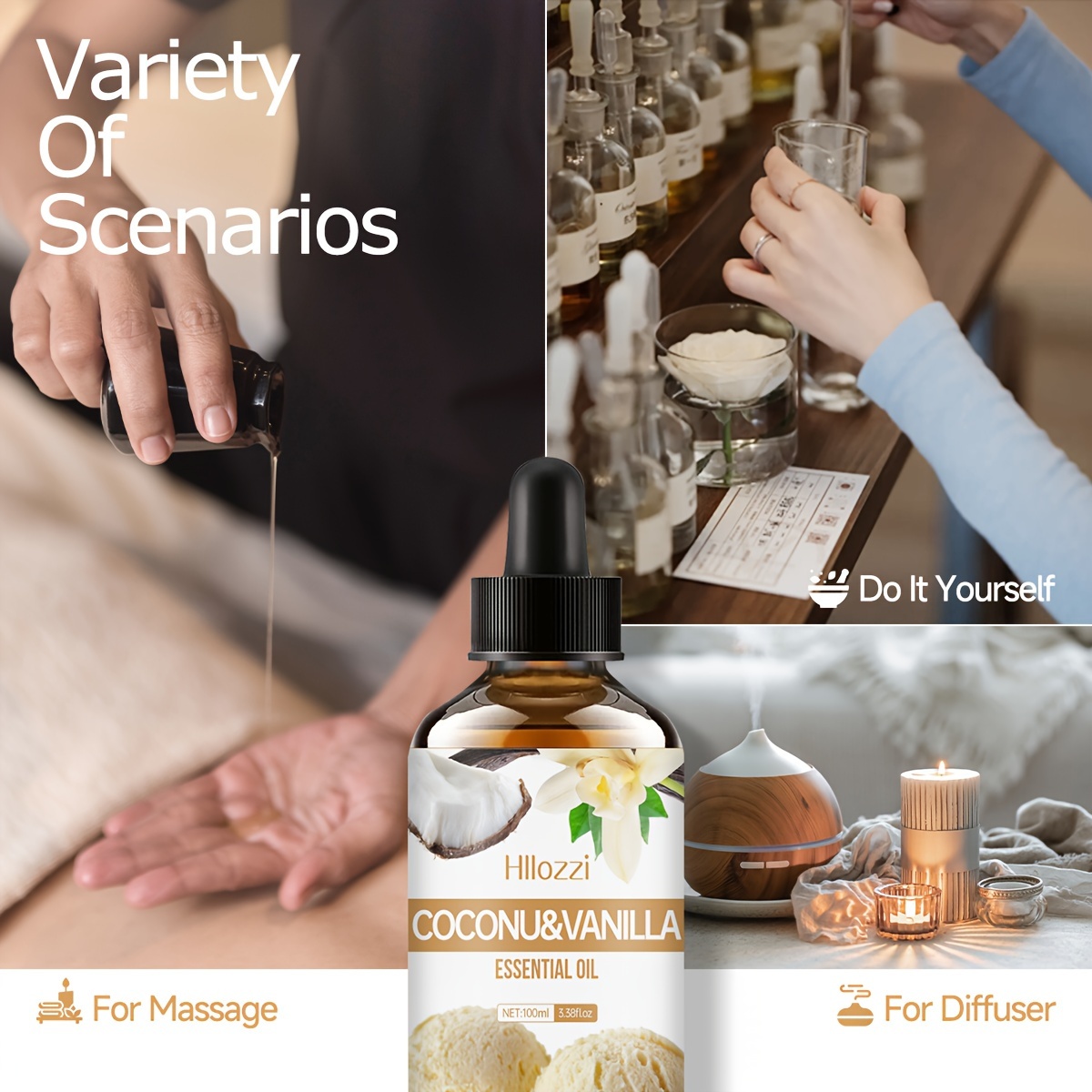 Huile Essentielle de Noix de Coco et Vanille, Adaptée pour le Massage du Visage et du Corps, Diffuseur de Douche, Voiture, Fabrication de Bougies DIY et Savonnerie, Parfum Durable, Hydratant sans Alcool