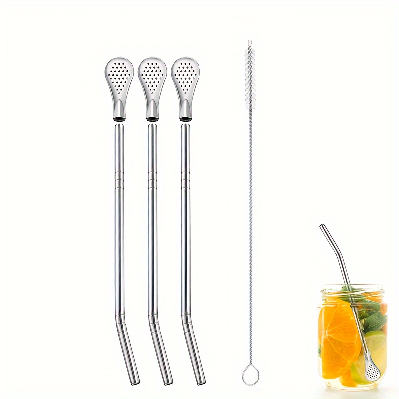 

4pcs Stainless Steel Straw Spoon Set - 9" Dual-use, Detachable Filter For & Mixing - Polished , Home & Hotel Use, Best For Christmas, Thanksgiving