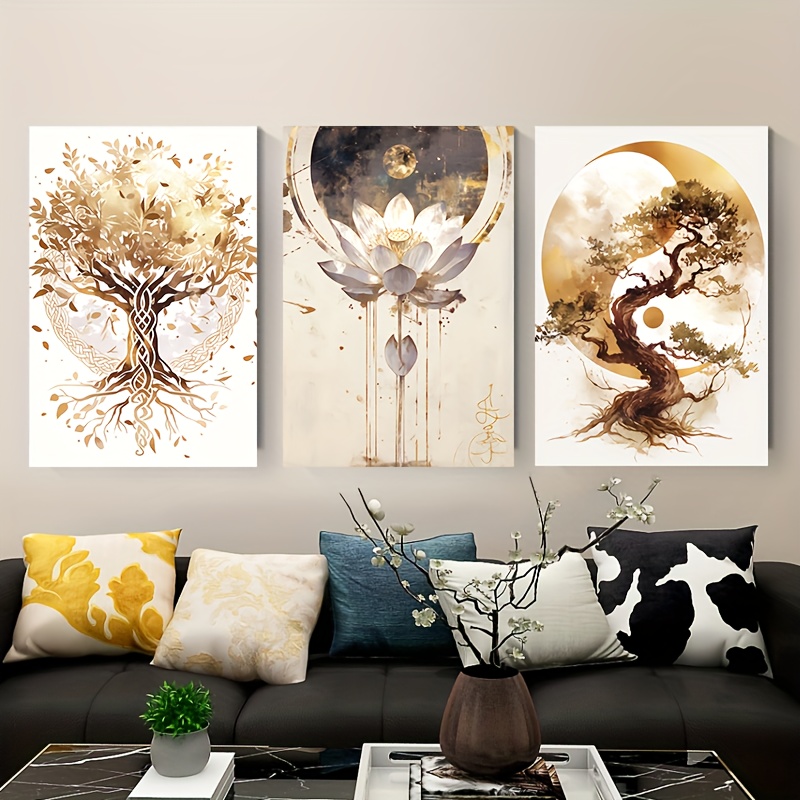 TEMU 3pcs Modern Art Deco Canvas Wall Art Set - Tree Of Life & For Lotus Flower Prints, Frameless Painting Posters For Living Room, Bedroom, Home