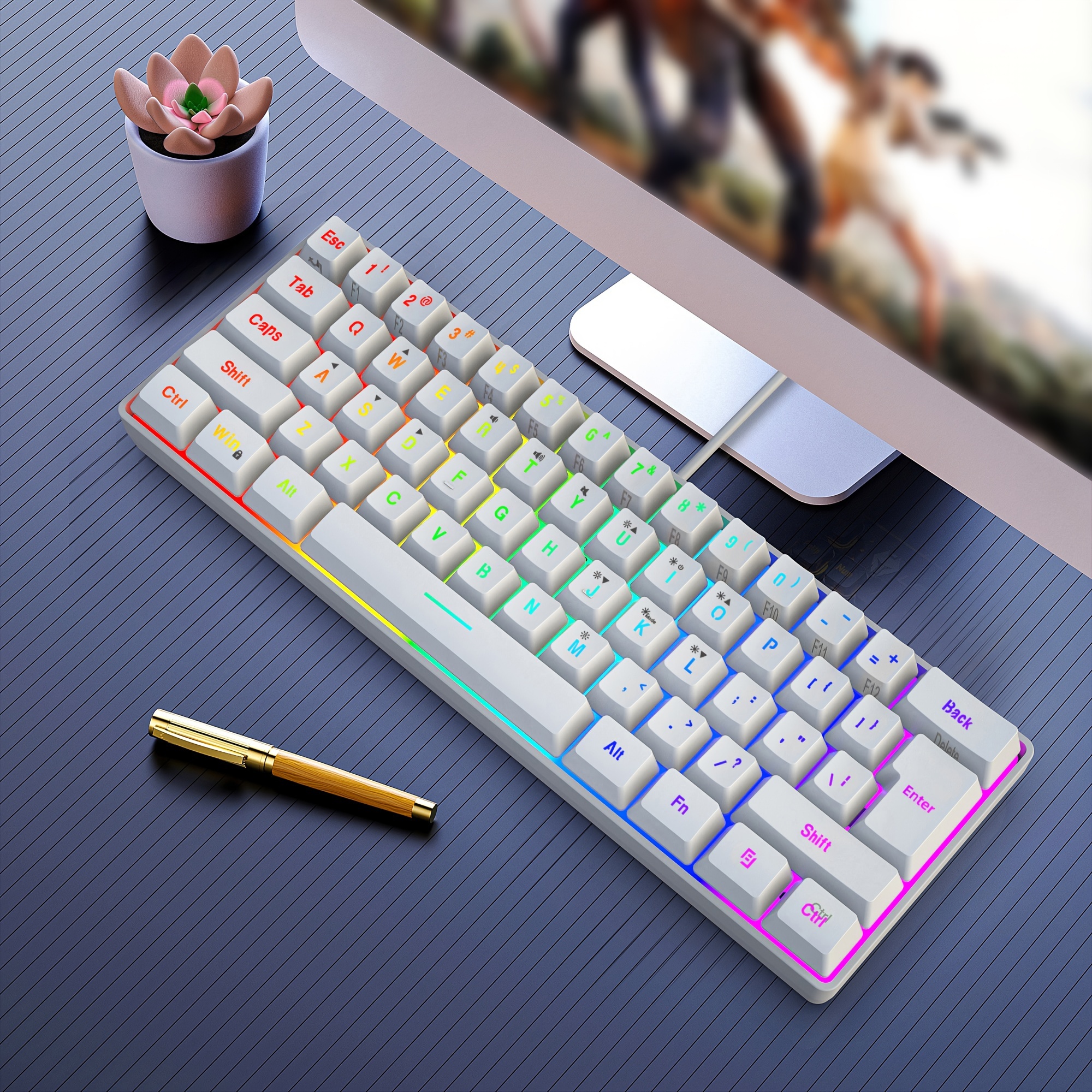 

60% Wired Gaming Keyboard, Small Rgb Backlight Film Gaming Keyboard, Compact Mini Keyboard Suitable For Computer Game Players White
