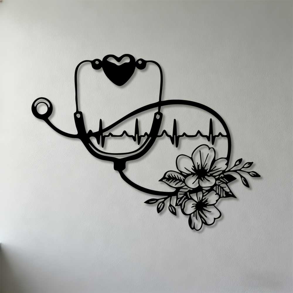 TEMU 2d Flat, 1pc -themed Stethoscope Wall Sculpture With Heartbeat Line & Flower Decor - Iron Metal Wall-mounted Art Suitable For Clinic, Hospital,