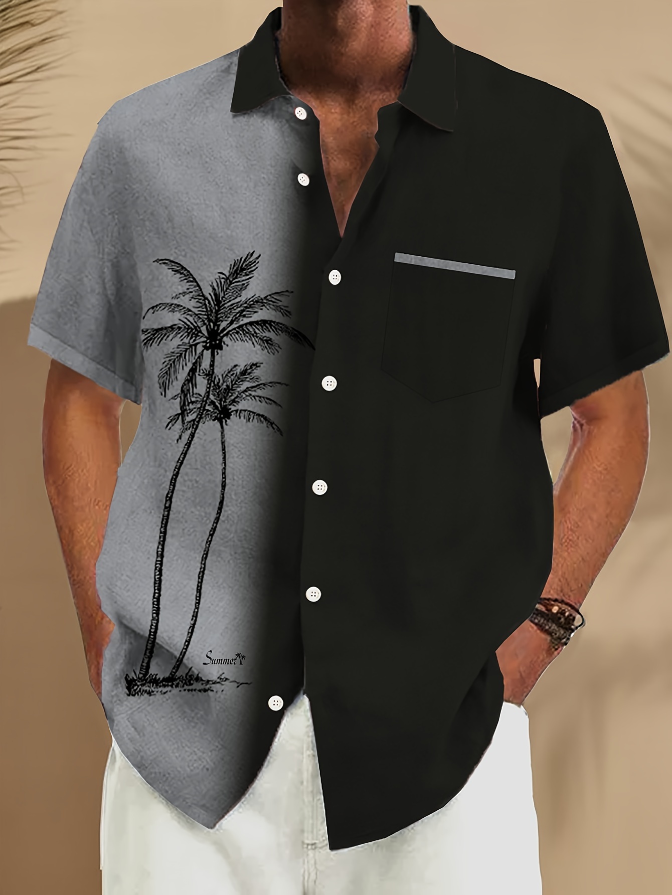 Men'S Vintage Tropical Coconut Tree Gradient Shirt - Turquoise to White Ombre Button-Up Beach Shirt with Palm Tree Print, Non-Stretch Fabric for Casual & Formal Events - All-Season Tropical Vacation Outfit - Plus Size Friendly Classic Collar Button Front Placket, Beach T Shirt, Summer Outfit, Retro Style, Durable Construction, Short Sleeve Top, Summer Wardrobe, PLUS SIZE, Spring And Summer Tropical Vacation Outfits (Short Sleeves/Long Sleeves), HAts/ShIrts/Pajamas, Beachy Items