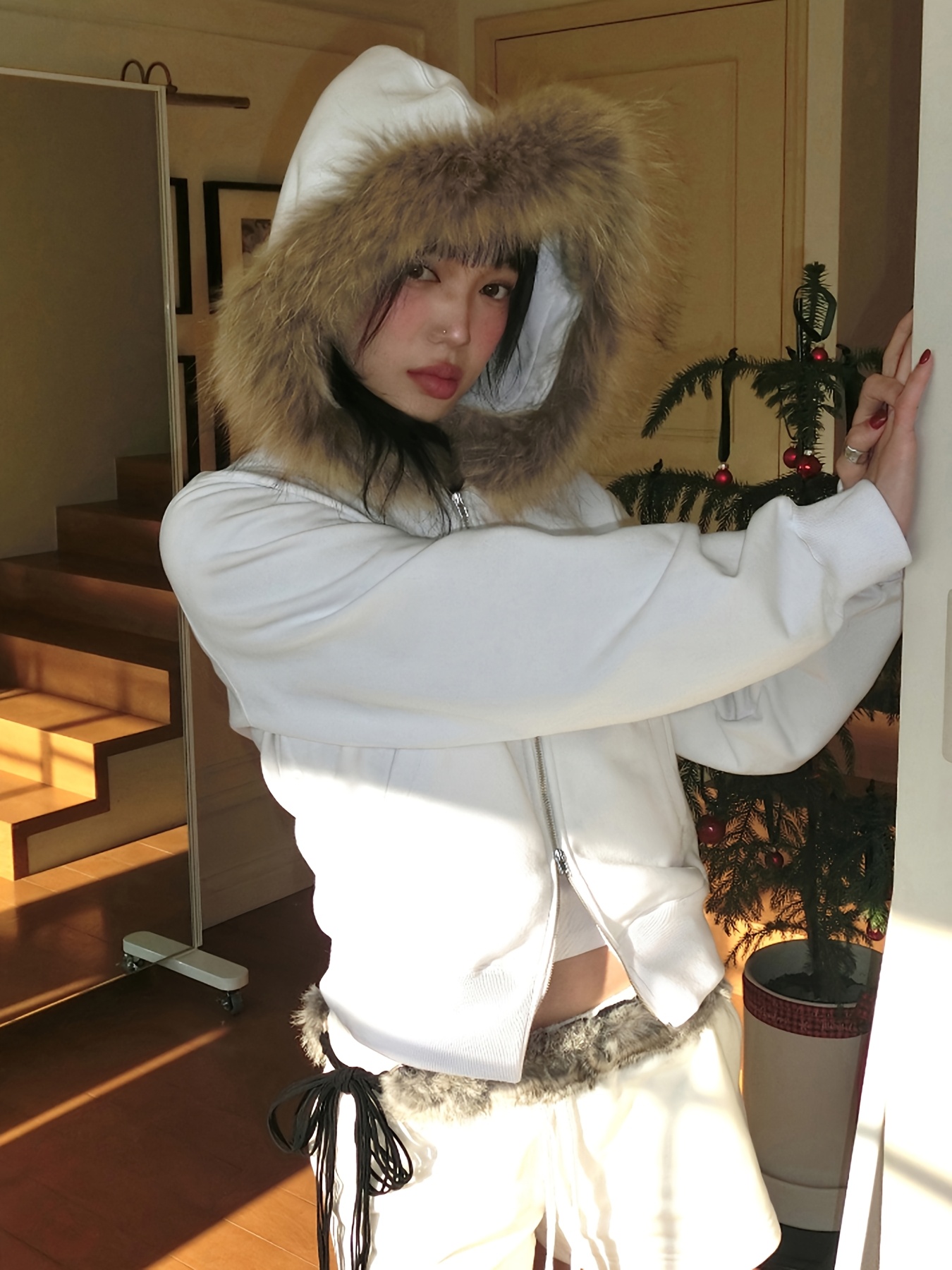 y2k 平成 archive note fur hoodie Y2K Barefox Full Zip Jacket Hoodie Black Geese Bird All Over Print